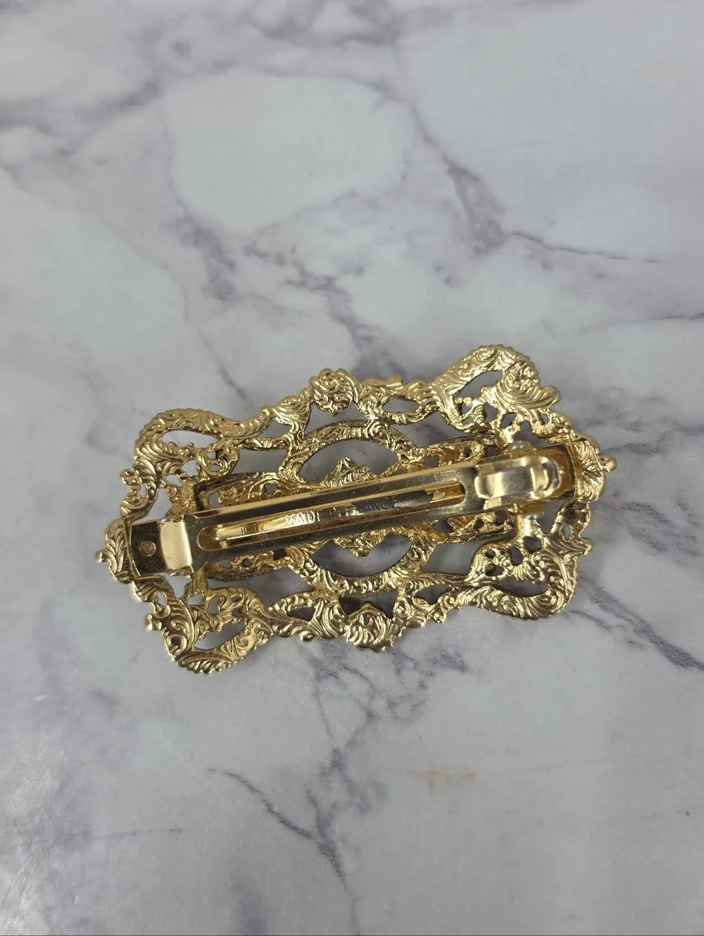 Vintage French Hair Barrettes Gold-Tone Vintage Floral Filigree Pearl Accent